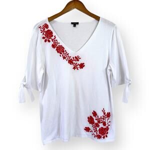 Talbots Knit Top Lightweight Sweater Embroidered Womens Large White Red Floral